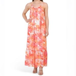Nicole Miller NWT Orange Floral Chiffon Tiered Maxi Dress Size L